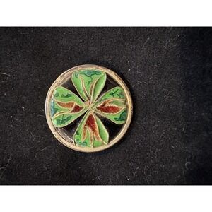 Vtg Mosaic Cloisonné 4 leaf clover Inlay Brooch Pendant Pin 1" Sterling Silver